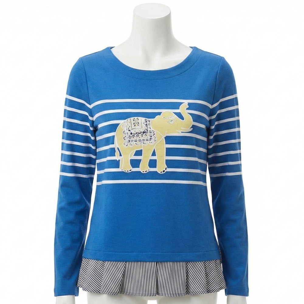 Crown & Ivy Blue Striped Elephant Top Mixed Media Ruffle Hem Size Medium NWT
